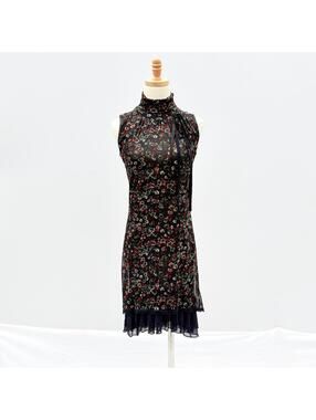 Vintage 90s Navy Floral Printed Mesh Sleeveless Turtleneck Shift Dress Small
